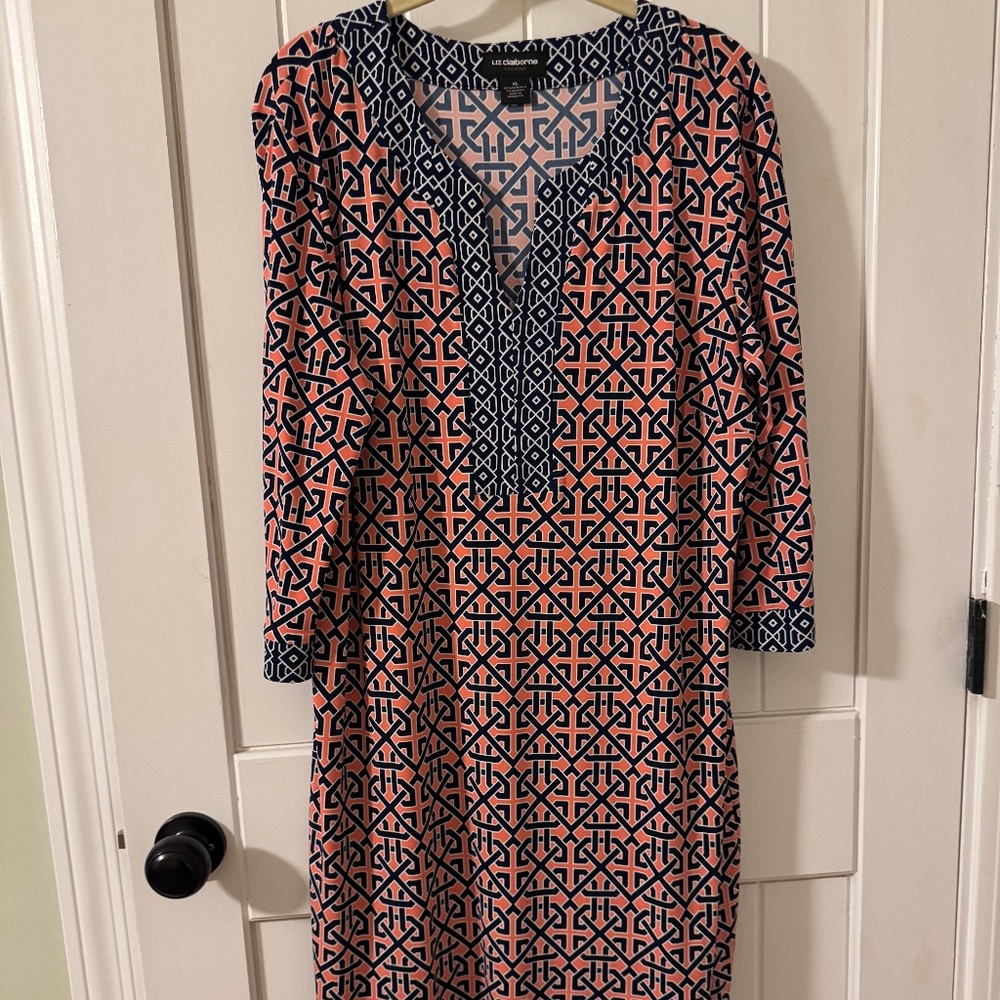 Liz Claiborne Career coral pink and navy blue printed dress size large
